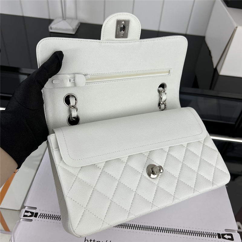 Small CLASSIC HANDBAG Grained Calfskin Silver Metal White-E A