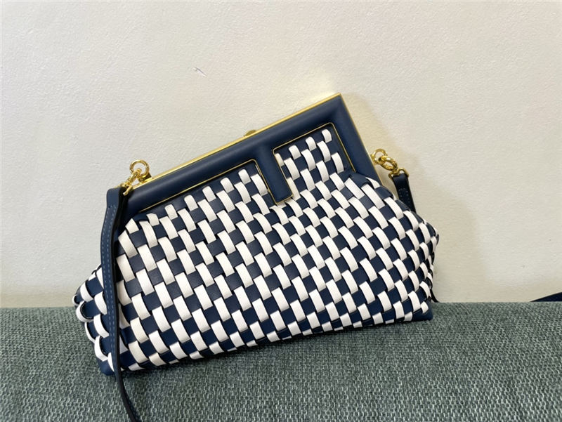 Fendi First Small Braided Leather Bag Blue/White Gold-metal High