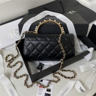 FLAP PHONE HOLDER WITH CHAIN AP3512 Lambskin, Imitation Pearls, Strass & Gold-Tone Metal Black A