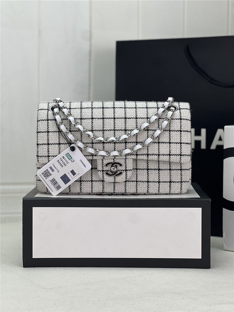 Chanel Medium Classic Flap Bag Tweed White High