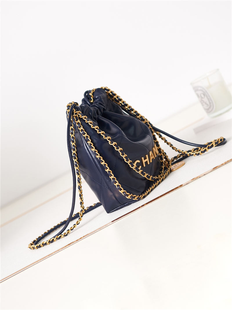 Chanel 22 MINI HANDBAG Shiny Calfskin Navy & Gold-Tone Metal AS3980 High