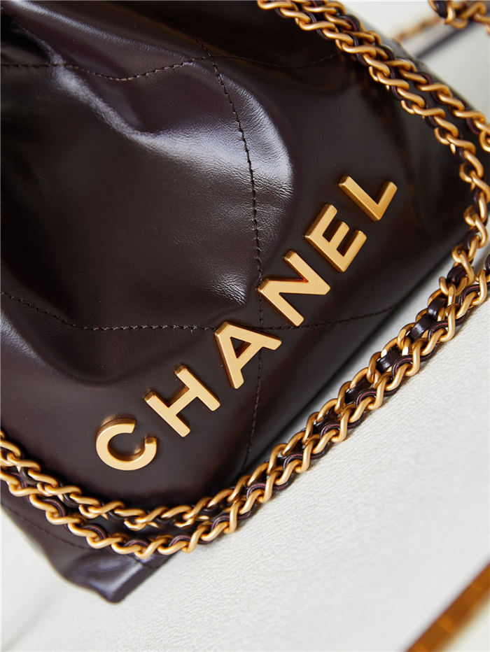 Chanel 22 MINI HANDBAG Shiny Calfskin Coffee & Gold-Tone Metal AS3980 High