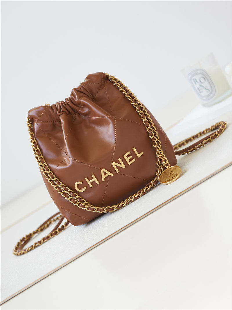 Chanel 22 MINI HANDBAG Shiny Calfskin Tan & Gold-Tone Metal AS3980 High