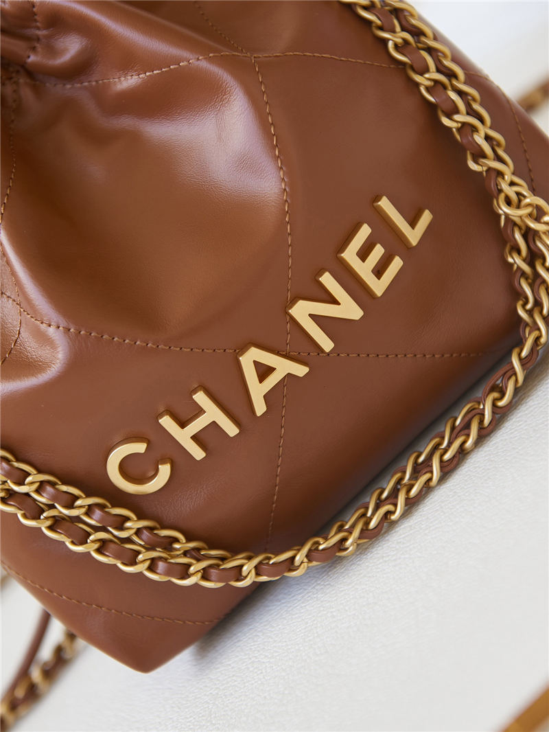 Chanel 22 MINI HANDBAG Shiny Calfskin Tan & Gold-Tone Metal AS3980 High