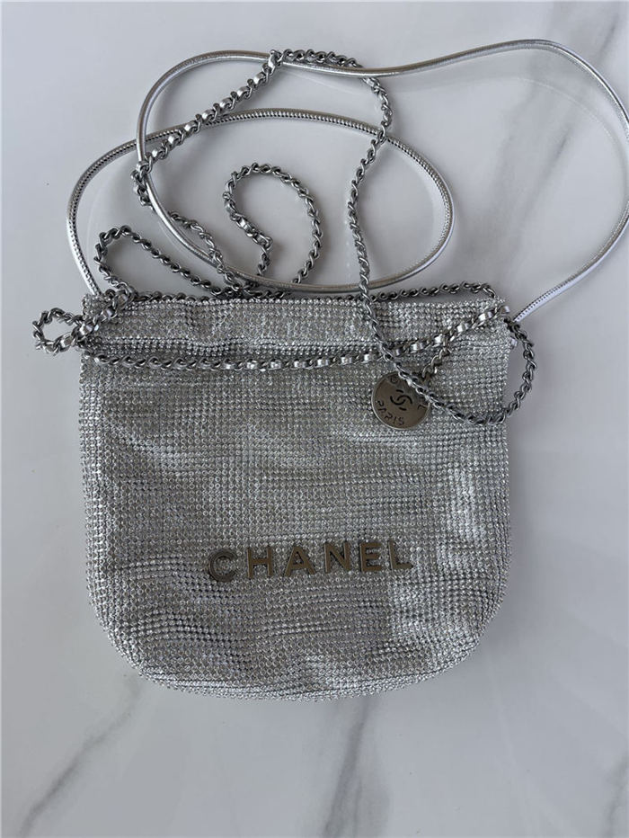 Chanel 22 MINI HANDBAG Shiny Calfskin Silver(diamonds) & Silver-Tone Metal AS3980 High