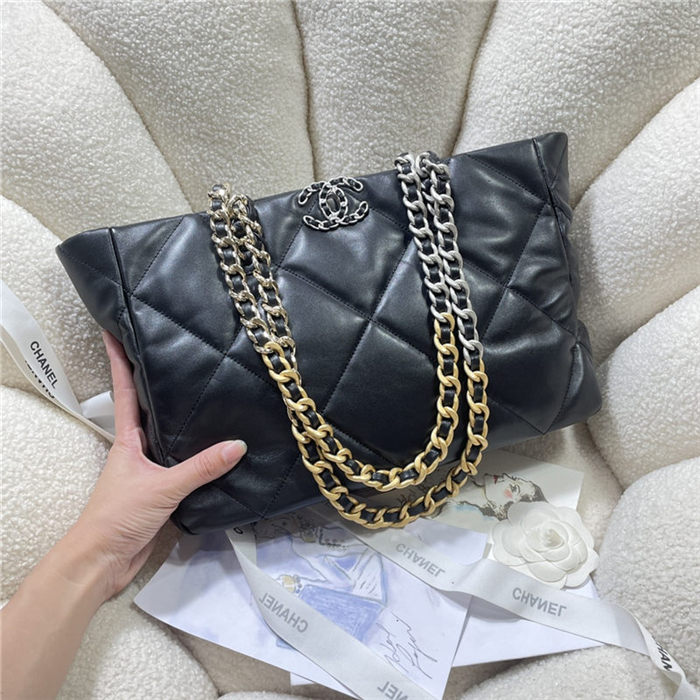 Chanel 19 SHOPPING BAG Shiny Lambskin, Gold-Tone, Silver-Tone & Ruthenium-Finish Metal AS3660 Black High