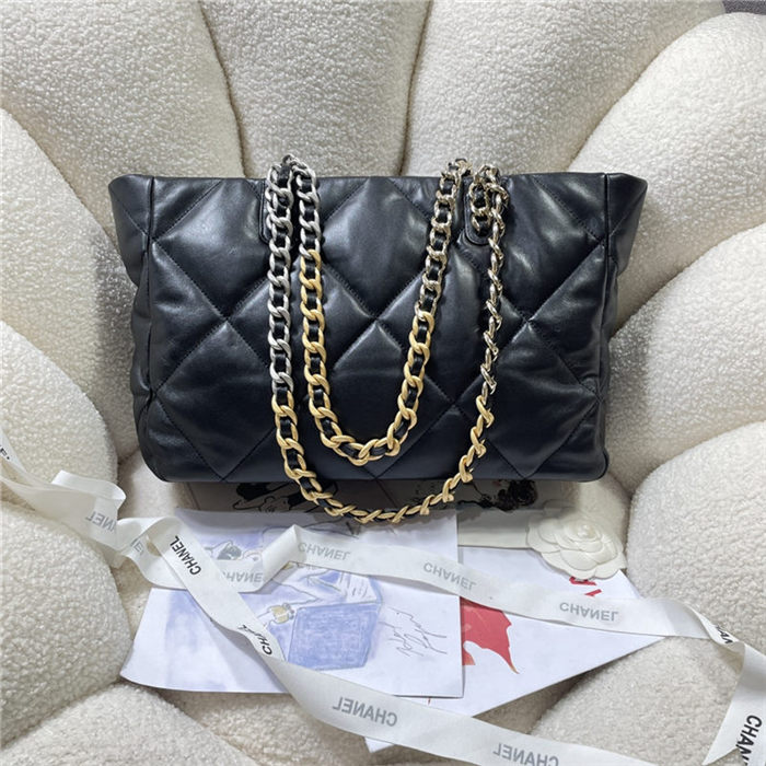 Chanel 19 SHOPPING BAG Shiny Lambskin, Gold-Tone, Silver-Tone & Ruthenium-Finish Metal AS3660 Black High