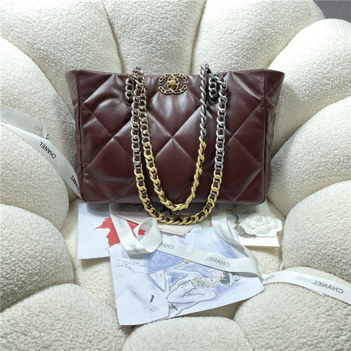 Chanel 19 SHOPPING BAG Shiny Lambskin, Gold-Tone, Silver-Tone & Ruthenium-Finish Metal AS3660 Burgundy High