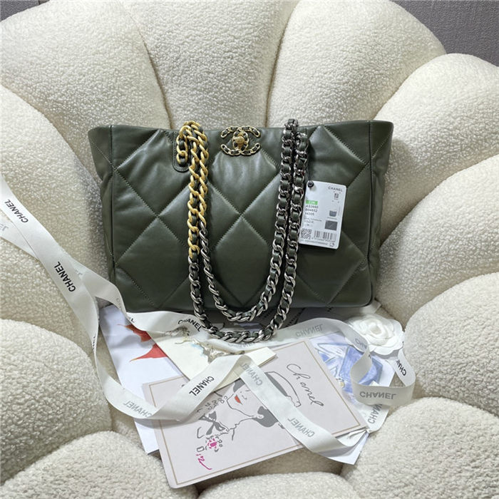 Chanel 19 SHOPPING BAG Shiny Lambskin, Gold-Tone, Silver-Tone & Ruthenium-Finish Metal AS3660 Olive High