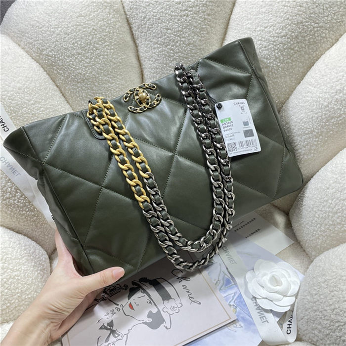 Chanel 19 SHOPPING BAG Shiny Lambskin, Gold-Tone, Silver-Tone & Ruthenium-Finish Metal AS3660 Olive High