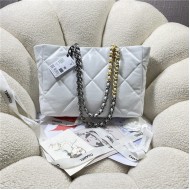 Chanel 19 SHOPPING BAG Shiny Lambskin, Gold-Tone, Silver-Tone & Ruthenium-Finish Metal AS3660 White High