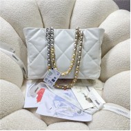 Chanel 19 SHOPPING BAG Shiny Lambskin, Gold-Tone, Silver-Tone & Ruthenium-Finish Metal AS3660 White High