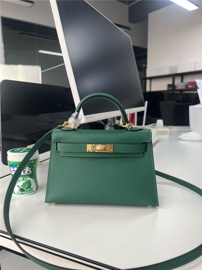 Hermes Kelly Mini II Bag Epsom Leather WAX Silver/Gold Metal Malachite High