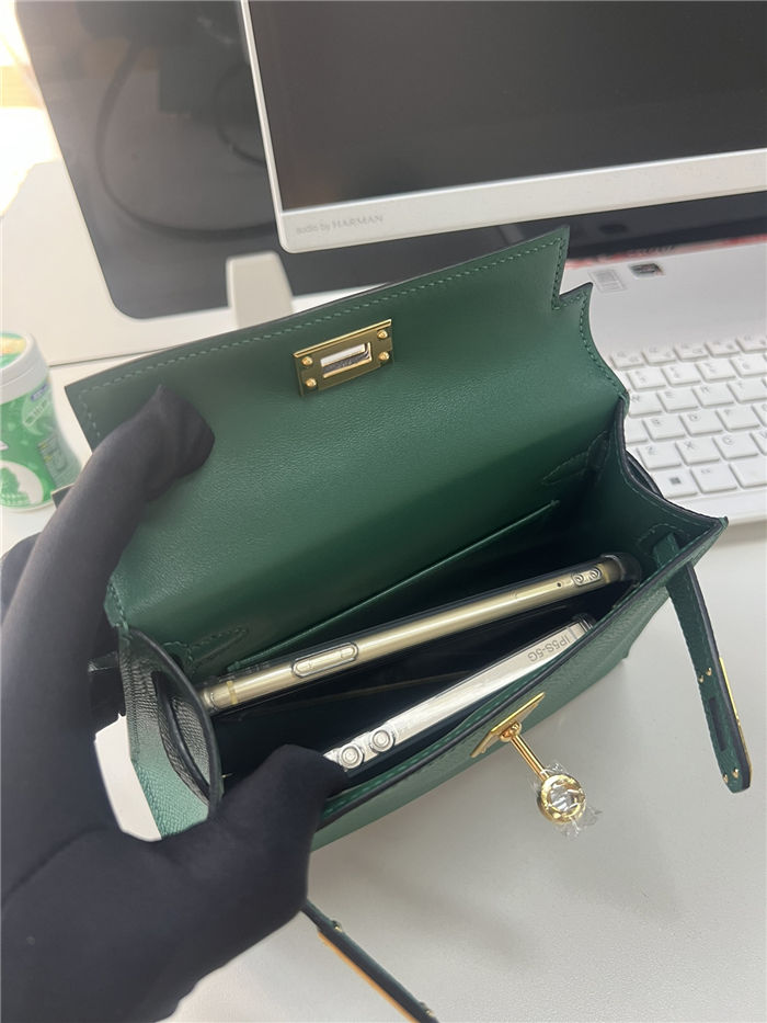 Hermes Kelly Mini II Bag Epsom Leather WAX Silver/Gold Metal Malachite High