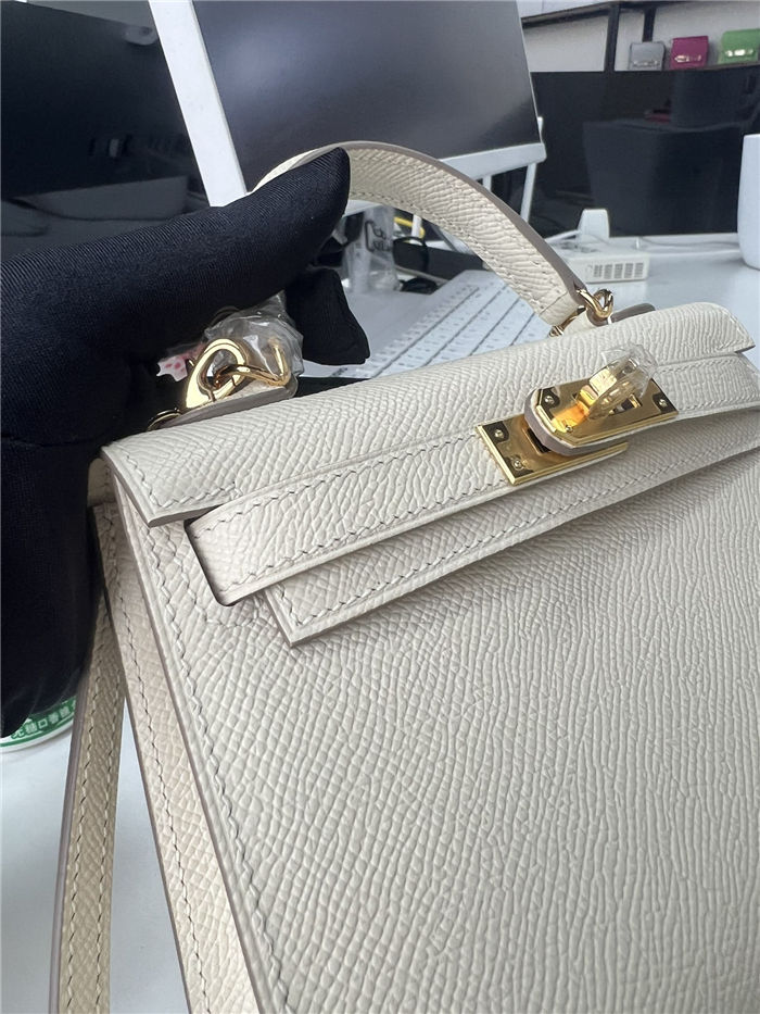 Hermes Kelly Mini II Bag Epsom Leather WAX Silver/Gold Metal Craie High