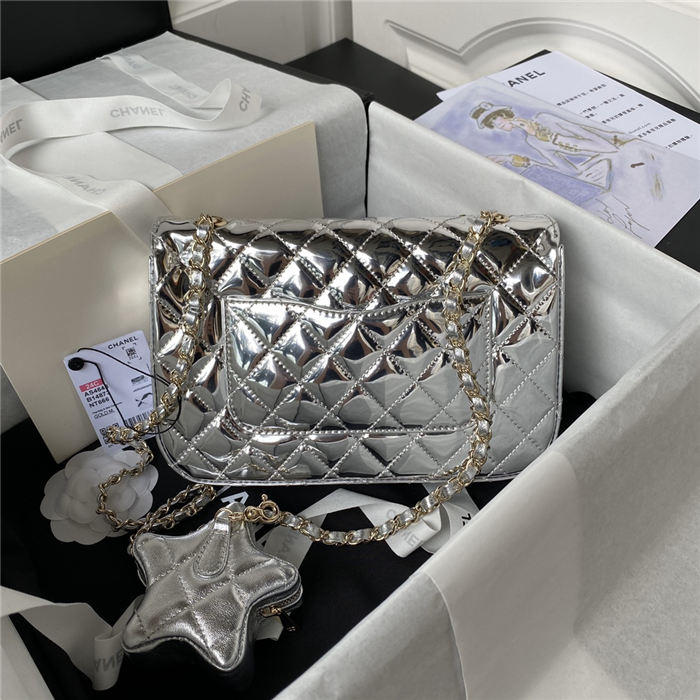 Chanel FLAP BAG & STAR COIN PURSE AS4648 Mirror Calfskin, Metallic Calfskin & Gold-Tone Metal Silver A