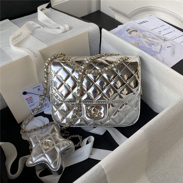 Chanel MINI FLAP BAG & STAR COIN PURSE AS4647 Mirror Calfskin, Metallic Calfskin & Gold-Tone Metal Silver A