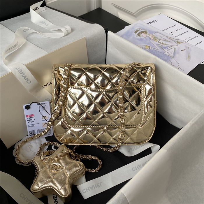 Chanel MINI FLAP BAG & STAR COIN PURSE AS4647 Mirror Calfskin, Metallic Calfskin & Gold-Tone Metal Gold A