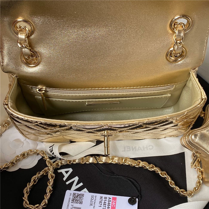 Chanel MINI FLAP BAG & STAR COIN PURSE AS4646 Mirror Calfskin, Metallic Calfskin & Gold-Tone Metal Gold A