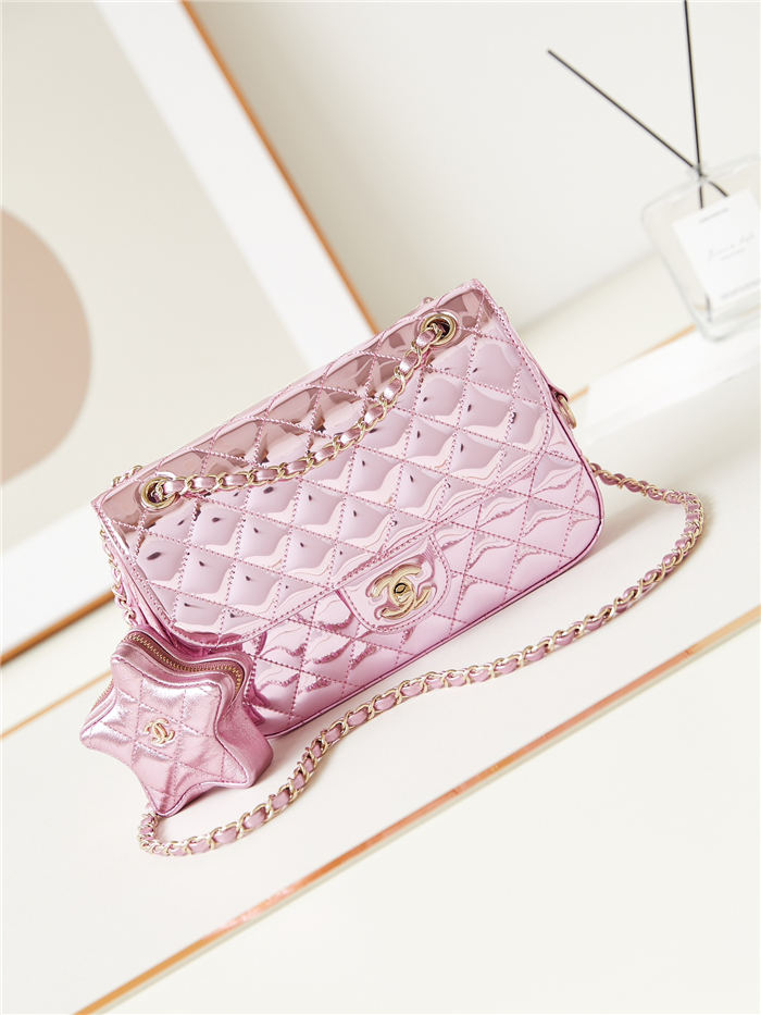 Chanel FLAP BAG & STAR COIN PURSE AS4648 Mirror Calfskin, Metallic Calfskin & Gold-Tone Metal Pink A