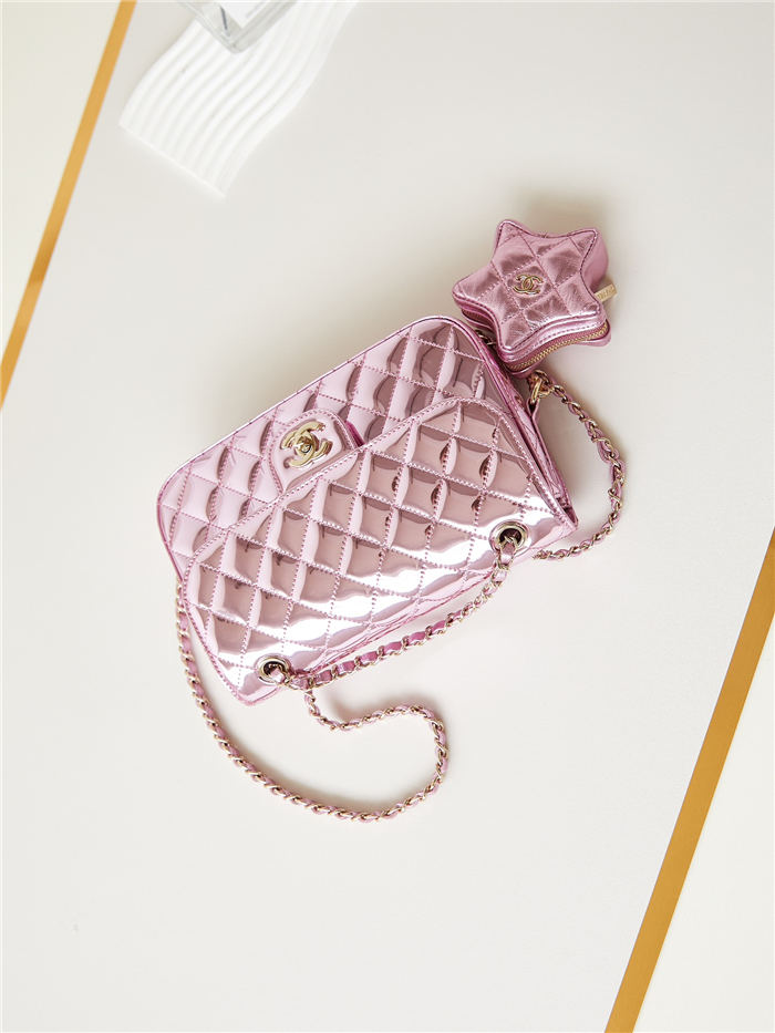 Chanel FLAP BAG & STAR COIN PURSE AS4648 Mirror Calfskin, Metallic Calfskin & Gold-Tone Metal Pink A