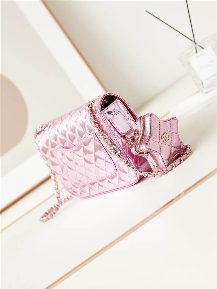 Chanel FLAP BAG & STAR COIN PURSE AS4648 Mirror Calfskin, Metallic Calfskin & Gold-Tone Metal Pink A