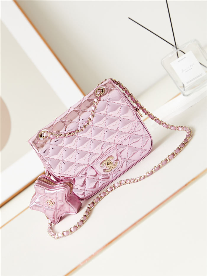 Chanel MINI FLAP BAG & STAR COIN PURSE AS4647 Mirror Calfskin, Metallic Calfskin & Gold-Tone Metal Pink A