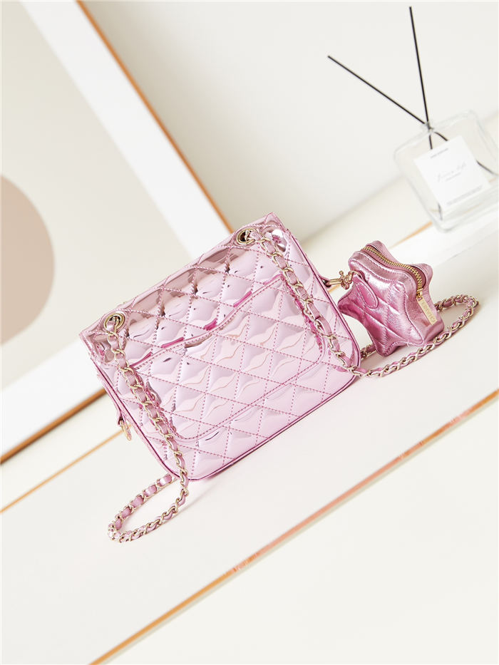 Chanel MINI FLAP BAG & STAR COIN PURSE AS4647 Mirror Calfskin, Metallic Calfskin & Gold-Tone Metal Pink A