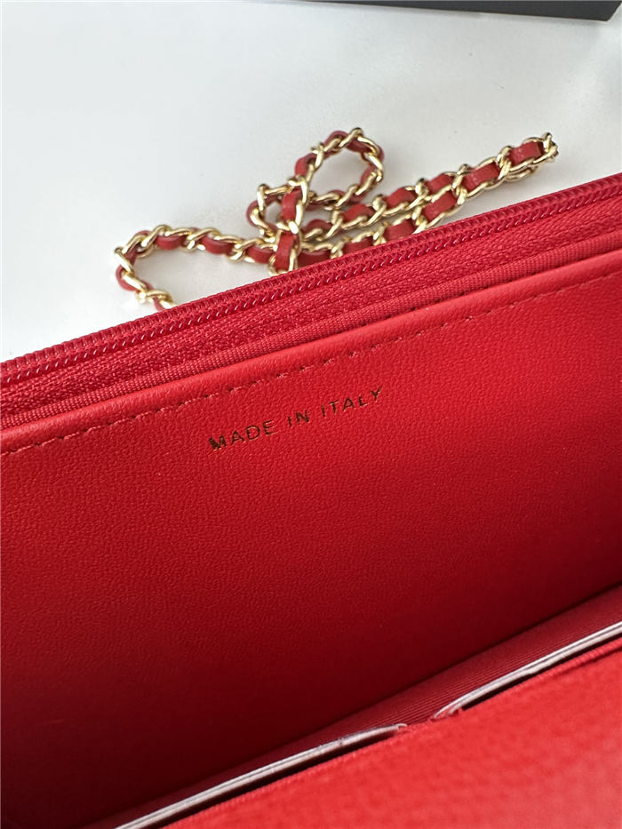 Classic Wallet on Chain A33814 Smaller-Grained Calfskin Gold/Silver Metal Red B