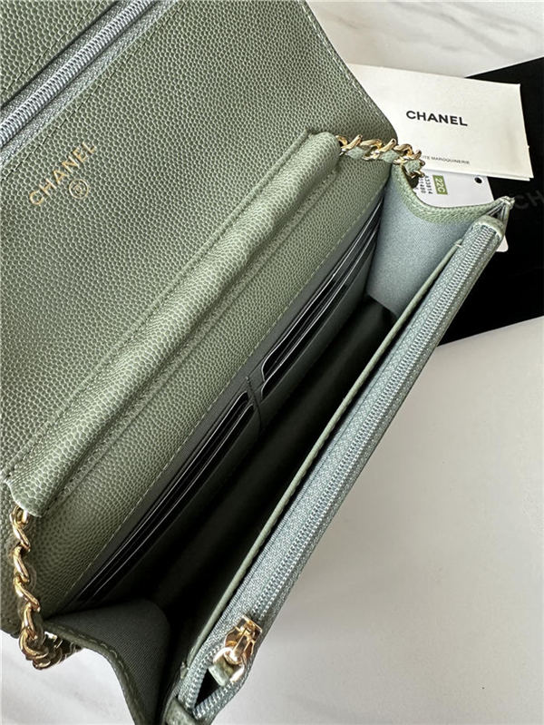 Classic Wallet on Chain A33814 Smaller-Grained Calfskin Gold/Silver Metal Green B