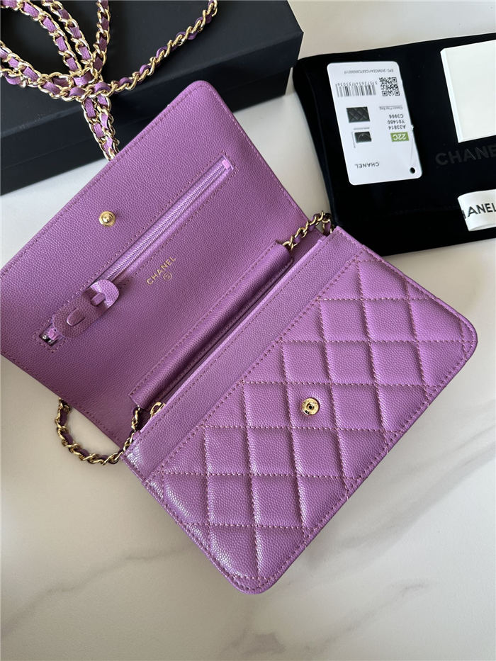 Classic Wallet on Chain A33814 Smaller-Grained Calfskin Gold/Silver Metal Purple B