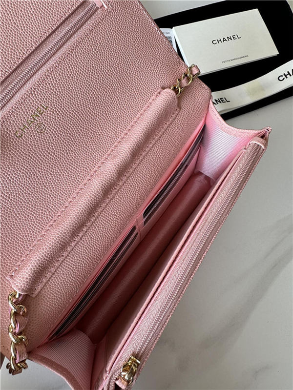 Classic Wallet on Chain A33814 Smaller-Grained Calfskin Gold/Silver Metal Pink B