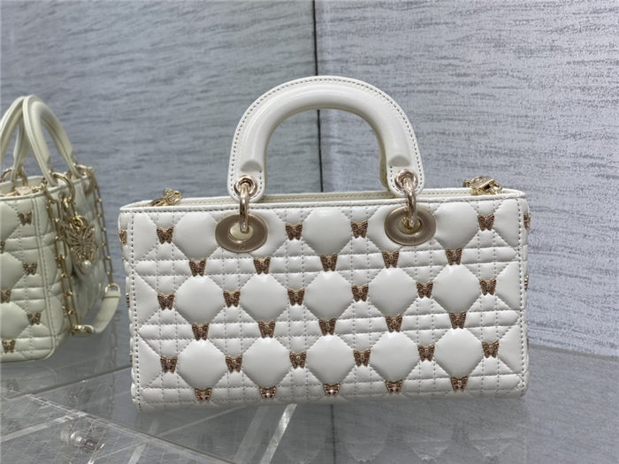 LADY D-JOY BAG MEDIUM Cannage Lambskin with Gold-Finish Butterfly Studs White High