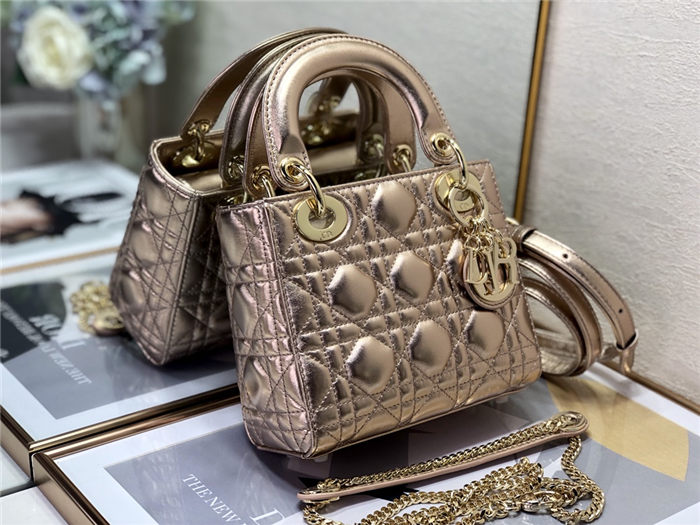 MINI LADY Dior BAG Cannage Lambskin Metallic Gold-Tone Champagne High