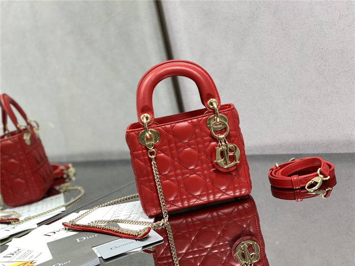 MINI LADY Dior BAG Cannage Lambskin Gold Metal Red High