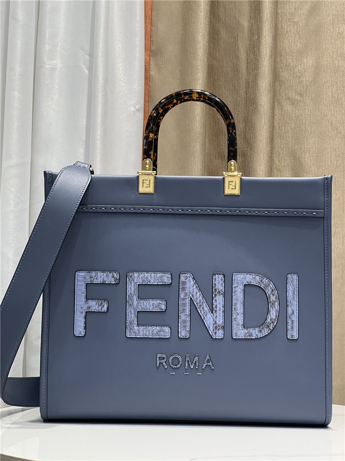 MEDIUM Fendi SUNSHINE Leather & Elaphe Shopper Blue High