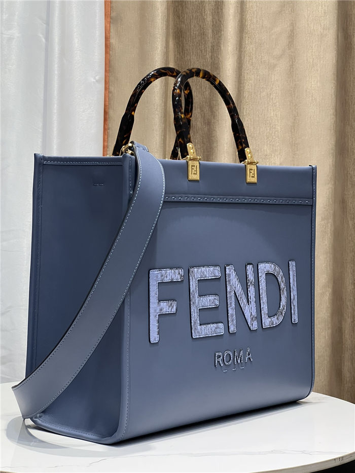 MEDIUM Fendi SUNSHINE Leather & Elaphe Shopper Blue High