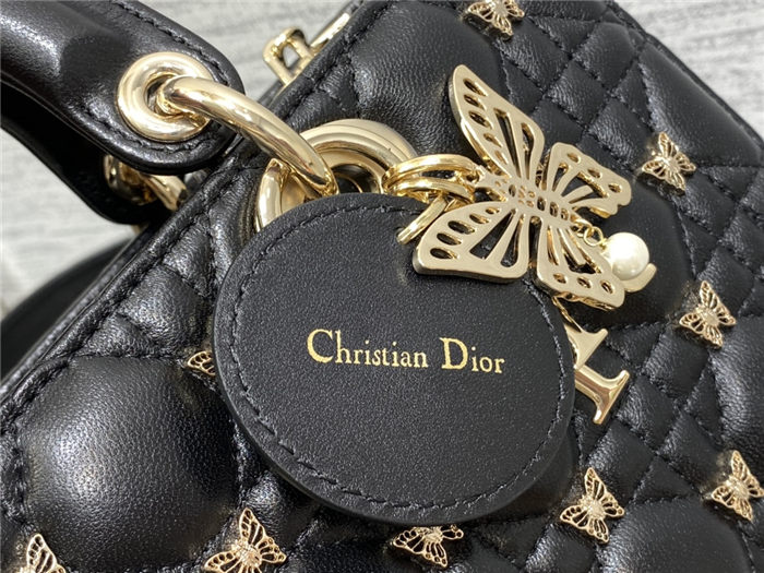 LADY D-JOY BAG MEDIUM Cannage Lambskin with Gold-Finish Butterfly Studs Black High