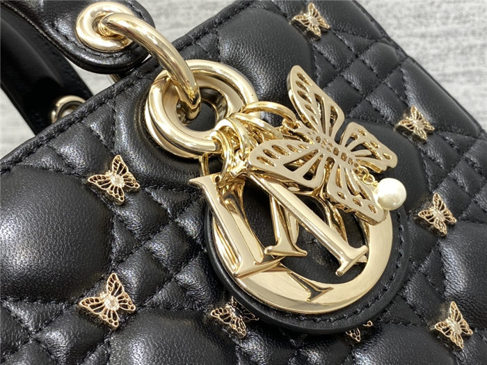 LADY D-JOY BAG MEDIUM Cannage Lambskin with Gold-Finish Butterfly Studs Black High