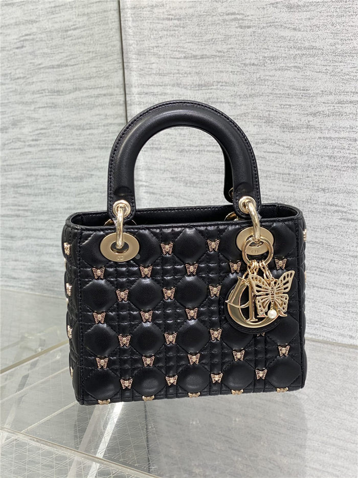 SMALL LADY BAG Cannage Lambskin with Gold-Finish Butterfly Studs Black High