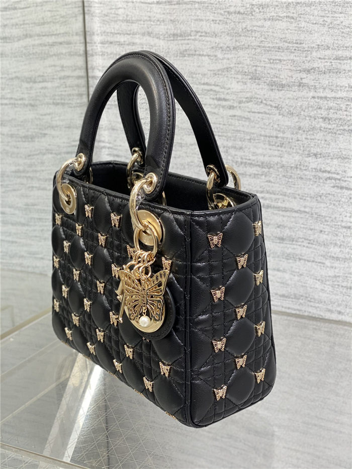 SMALL LADY BAG Cannage Lambskin with Gold-Finish Butterfly Studs Black High