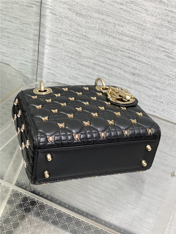 SMALL LADY BAG Cannage Lambskin with Gold-Finish Butterfly Studs Black High