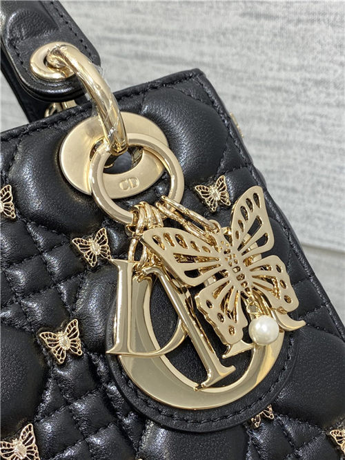 SMALL LADY BAG Cannage Lambskin with Gold-Finish Butterfly Studs Black High