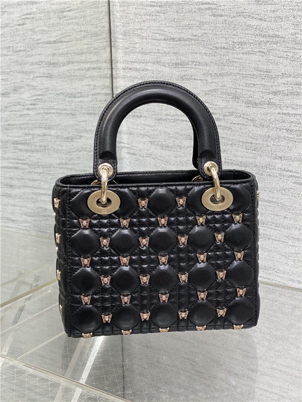 SMALL LADY BAG Cannage Lambskin with Gold-Finish Butterfly Studs Black High