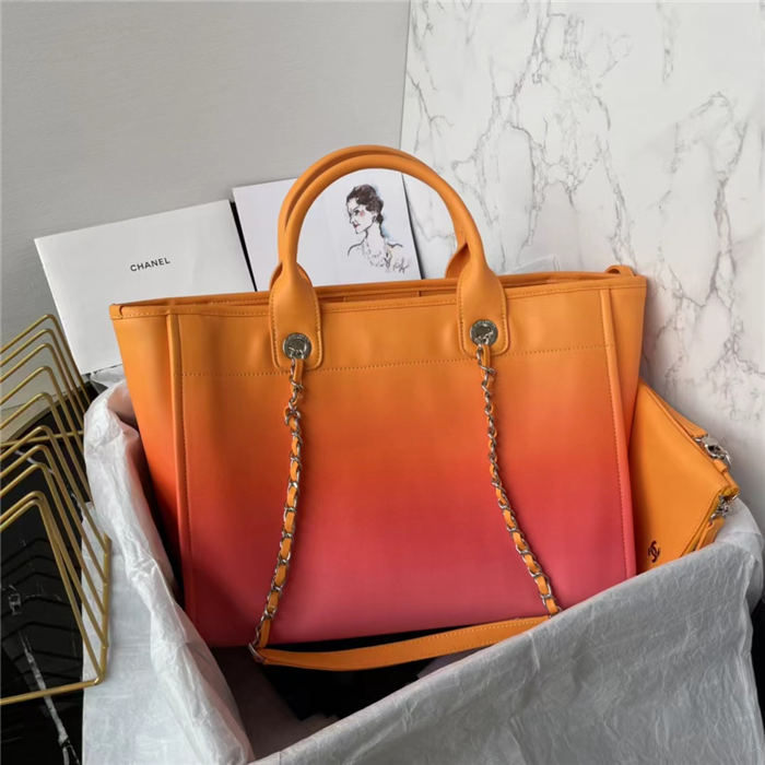 SHOPPING BAG Shaded Calfskin & Silver-Tone Metal Orange, Coral & Pink High