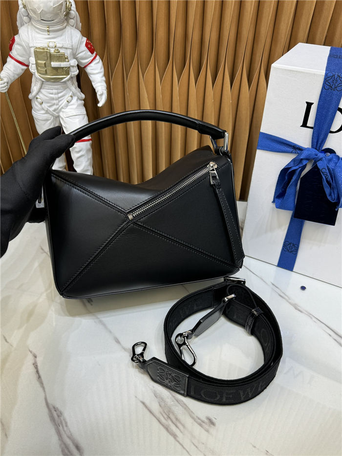 Small Puzzle bag in satin calfskin with jacquard strap Black High