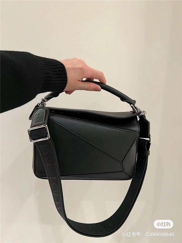 Small Puzzle bag in satin calfskin with jacquard strap Black High