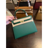 Hermes Kelly 25/28cm Sellier Bag Epsom and Crocodile Leather Silver/Gold Metal In Malachite WAX High