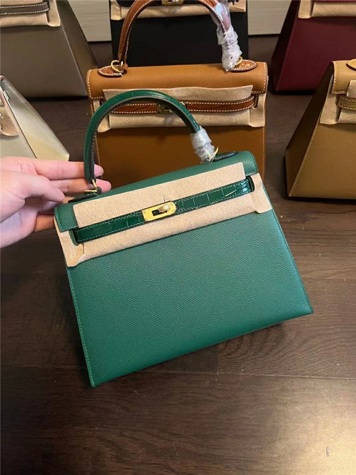 Hermes Kelly 25/28cm Sellier Bag Epsom and Crocodile Leather Silver/Gold Metal In Malachite WAX High