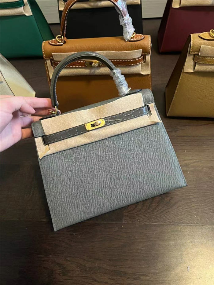 Hermes Kelly 25/28cm Sellier Bag Epsom and Crocodile Leather Silver/Gold Metal In Gris Meyer WAX High